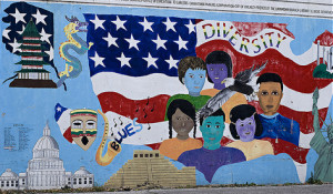 Graffiti of American flag and people with the word 'Diversity'
