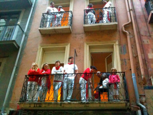 photo of people watching the bulls run from balconies