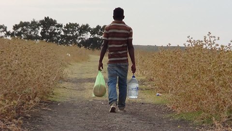 Man carrying plastic bag and water jug walking down dirt path