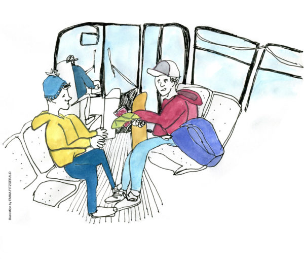 Kids on the bus, one with a skateboard